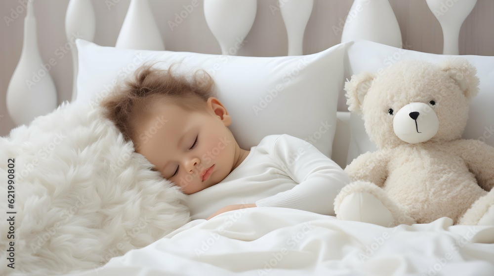 Cute little girl sleeping with teddy bear in bed at home. Generative AI.