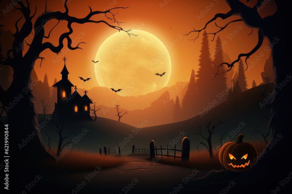 Halloween background, pumpkin and house, graphic style. AI generative.