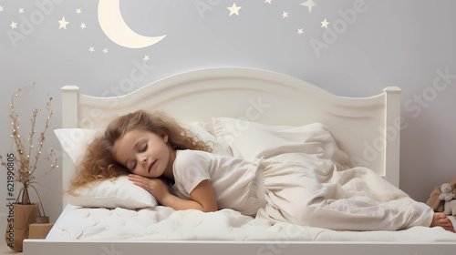 Cute little girl sleeping in bed at home. Generative AI.