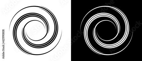 Circle abstract background with lines in spiral. Illusion of dynamic transition. Black lines on a white background and white lines on the black side.