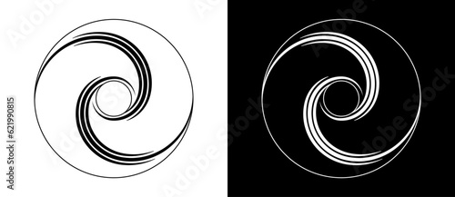 Circle abstract background with lines in spiral. Illusion of dynamic transition. Black lines on a white background and white lines on the black side.
