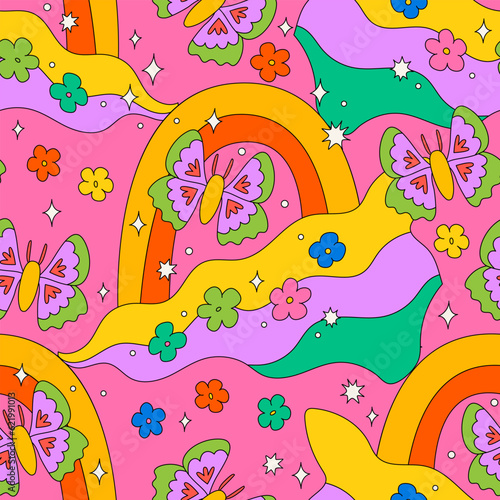 Psychedelic seamless pattern with groovy retro butterflies, rainbow and flowers. Colorful trippy vector background