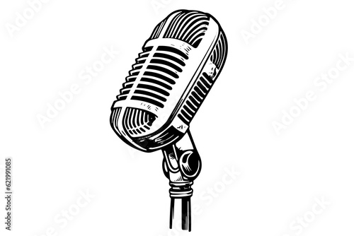 Vintage retro microphone hand drawn sketch engraving style vector illustration.