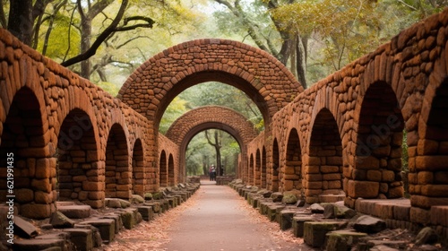 Fotografija A walkway between two brick arches in a park