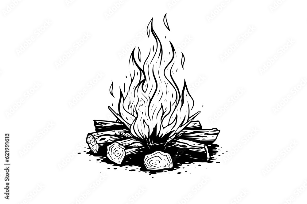 Hand drawn camping bonfire. Vector illustration of fire in sketch engraving style. - obrazy, fototapety, plakaty 