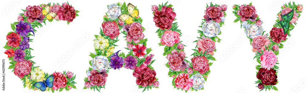 Word CAVY of watercolor flowers