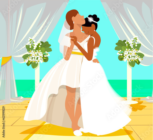 Everyday LGBT Life - Lesbian Brides Dancing Together at Their Joyful Wedding Celebration