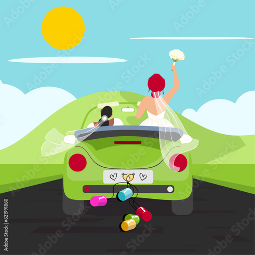 Everyday LGBT Life - Young Lesbian Couple Driving Away from Honeymoon with Cans Tied to Car, Heading Towards a Natural Landscape