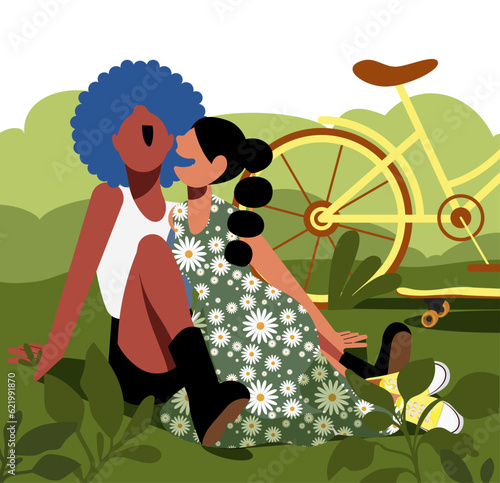 Everyday LGBT Life - Lesbian Couple on Bicycles, Sitting on the Grass in a Park or Field, Embracing and Talking Affectionately