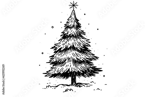 Christmas tree vector illustration. Hand drawn, engraving, ink, sketch.