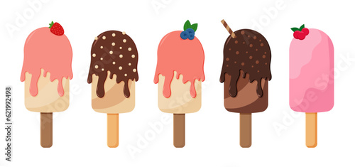 Set Ice cream dessert on a stick,  decorated with chocolate and berries