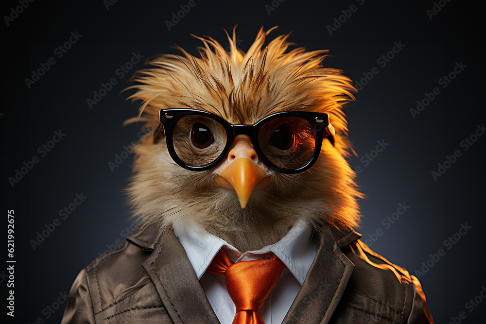 Portrait of hen chick with sunglasses wearing suit and tie on solid background. Generative AI.