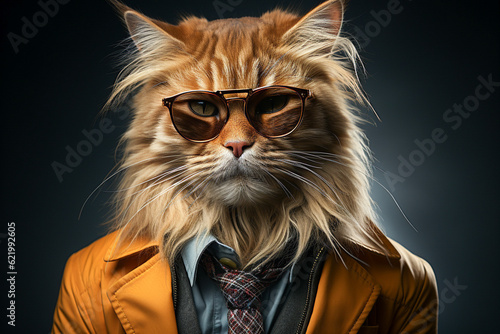 Portrait of cat with sunglasses wearing jacket and tie on solid background. Generative AI.