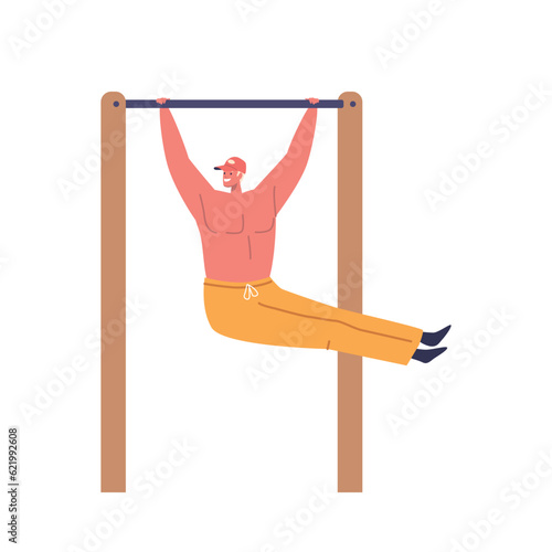 Young Man Vigorously Exercises On A Horizontal Bar Isolated on White Background, Male Character Showcasing His Strength
