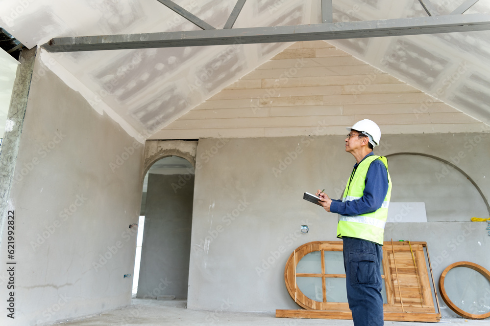 Foreman checker is inspecting the construction of a house or office Foreman checker is inspecting the construction of a house or office