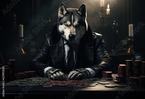 Animal dog, husky play poker blackjack in a casino, fantasy