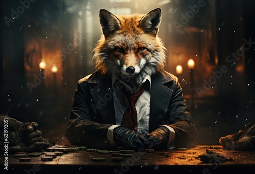 Animal fox play poker blackjack in a casino, fantasy