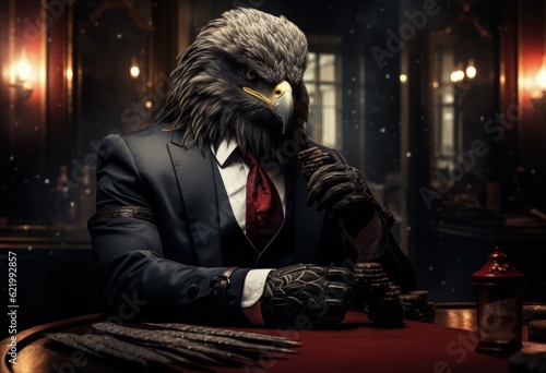 Animal eagle play poker blackjack in a casino, fantasy