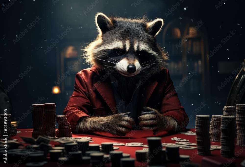 Animal raccoon plays poker blackjack in a casino, fantasy - obrazy, fototapety, plakaty 