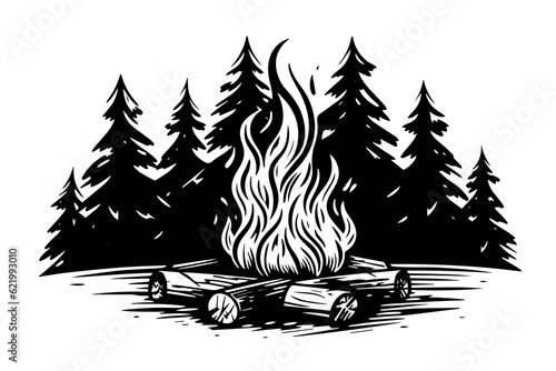 Hand drawn camping bonfire. Vector illustration of fire in sketch engraving style.