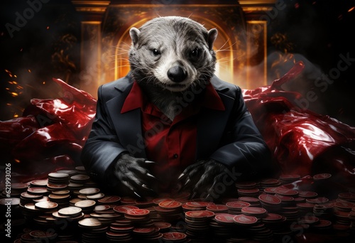 Animal honey badger plays poker blackjack in a casino, fantasy photo
