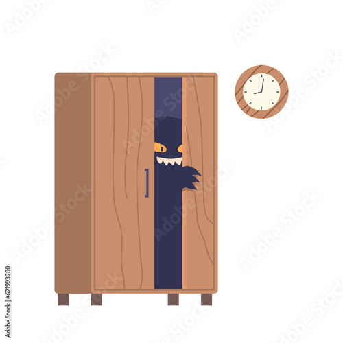 Eerie Monster Eyes Peering Out From The Depths Of Wardrobe, Casting Unsettling And Mysterious Aura, Vector Illustration