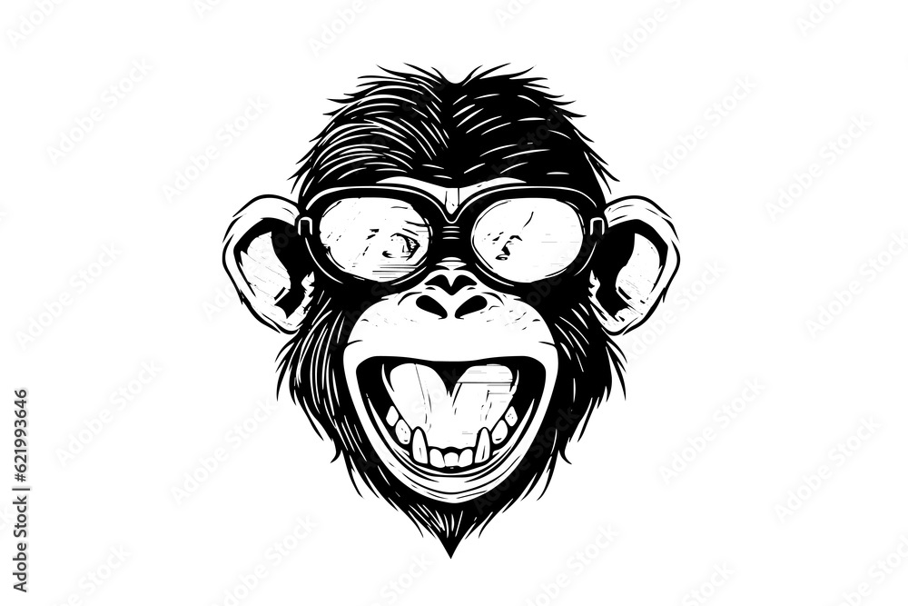 Monkey  face in glasses hand drawn vector illustration in engraving style ink sketch.