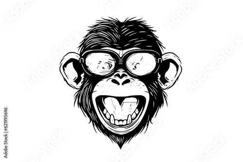 Monkey  face in glasses hand drawn vector illustration in engraving style ink sketch. photo