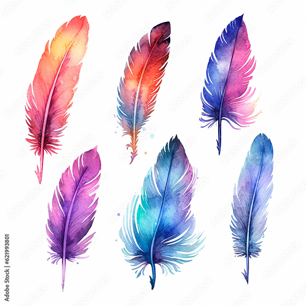 feathers set watercolor on a white background created with Generative Ai feathers set watercolor on a white background created with Generative Ai