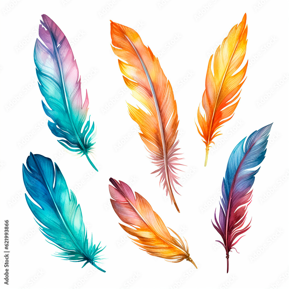 feathers set watercolor on a white background created with Generative Ai feathers set watercolor on a white background created with Generative Ai