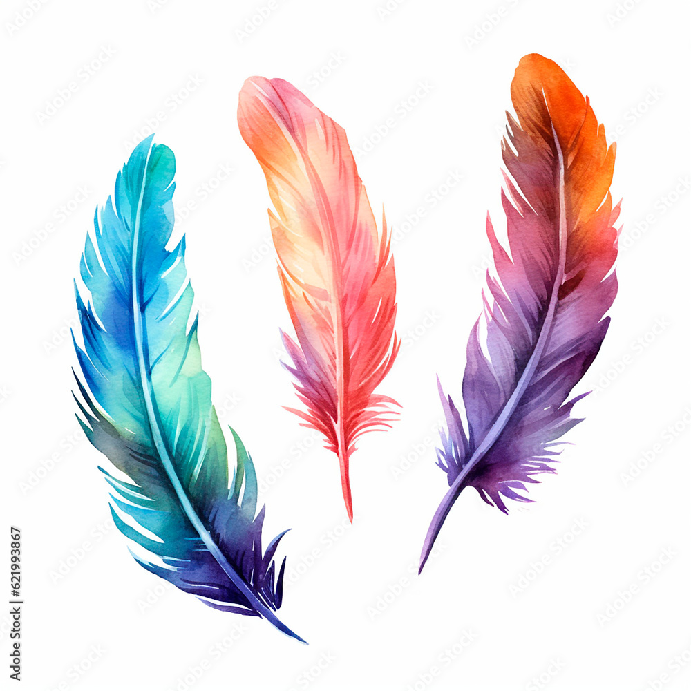 feathers set watercolor on a white background created with Generative Ai feathers set watercolor on a white background created with Generative Ai