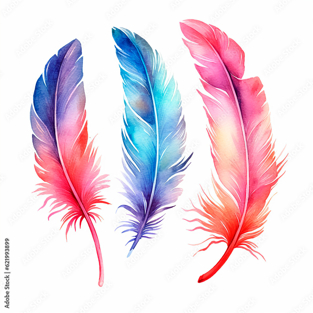 feathers set watercolor on a white background created with Generative Ai feathers set watercolor on a white background created with Generative Ai