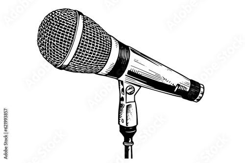 Vintage microphone hand drawn sketch engraving style vector illustration.