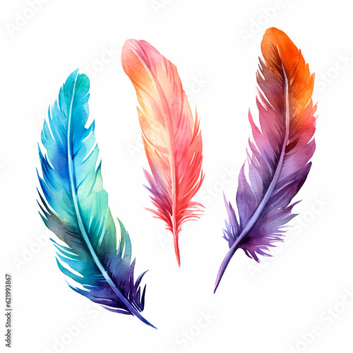 feathers set watercolor on a white background created with Generative Ai © Andrii Yablonskyi