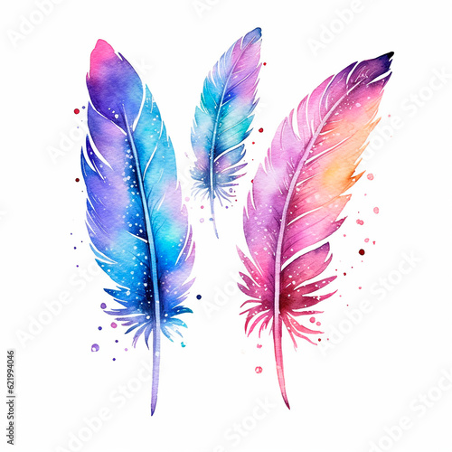 feathers set watercolor on a white background created with Generative Ai © Andrii Yablonskyi