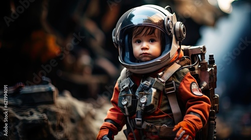 Labor day. Child Astronaut: Wearing a space suit with a helmet and carrying a toy rocket. © MADMAT