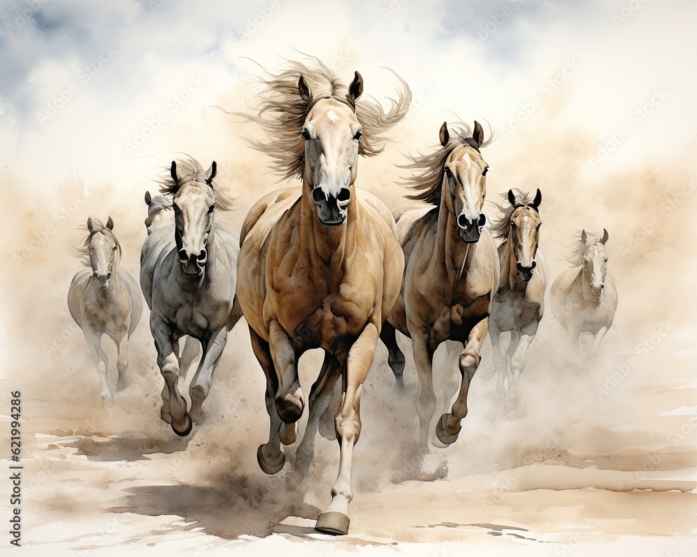 A herd of horses swiftly galloping, raising clouds of dust. (Generative AI)