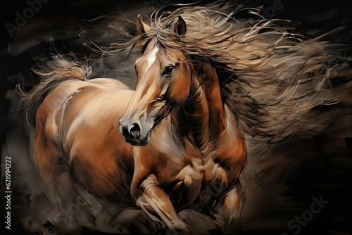 Fotografia The wind blows through the hair of a galloping brown horse, illuminating the dark