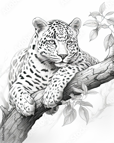 A leopard lies on a tree branch  close-up.  Illustration  Generative AI 