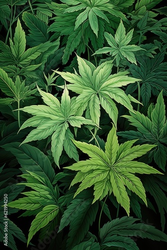 This image showcases numerous marijuana leaves creating a vibrant green background. (Illustration, Generative AI)