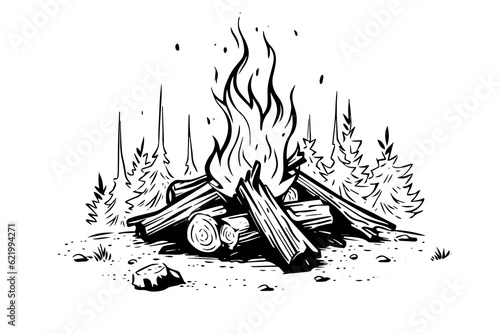 Hand drawn camping bonfire. Vector illustration of fire in sketch engraving style.