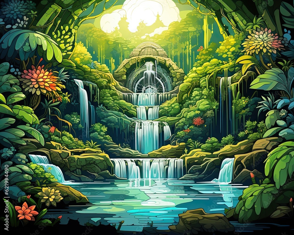 Fototapeta premium In a lush green forest, there is a small waterfall. (Illustration, Generative AI)