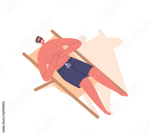 Man Wearing Sunglasses Reclines On A Daybed. Male Character Embracing Relaxation And Shielding His Eyes From The Sun