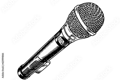 Vintage microphone hand drawn sketch engraving style vector illustration.