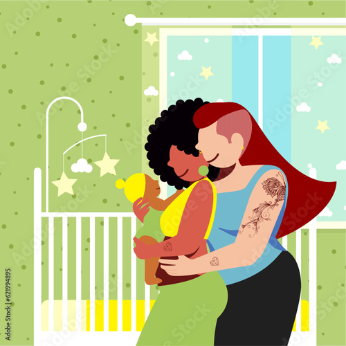 LGBT Parenthood - Embracing Diversity in Parenting - Tender Moment: Two Moms Embrace, Caring for Newborn in Nursery, activism, baby, boy, care, child, cozy moments, daily routine, design, diverse comm