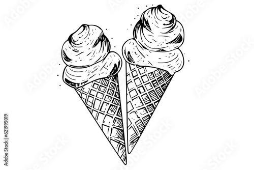 Ice cream cones. Ink hand drawn sketch engraved style vector illustration.