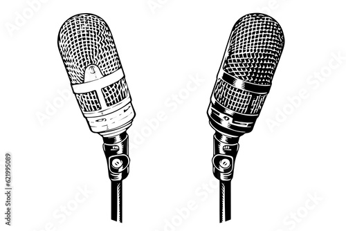 Vintage retro microphone hand drawn sketch engraving style vector illustration.