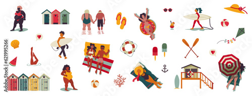 Set of vector illustrations isolated on a white background. Top view of people at the beach, chilling and sleeping. Having fun. Summer icons