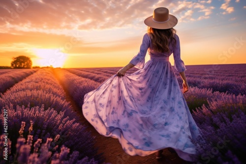 A girl in a long dress in a large lavender field lit by the sun  AI generated