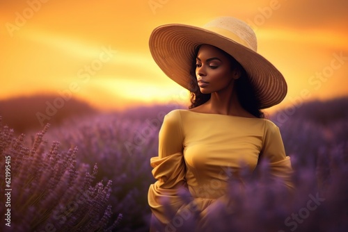 A girl in a long dress in a large lavender field lit by the sun, AI generated © Anna